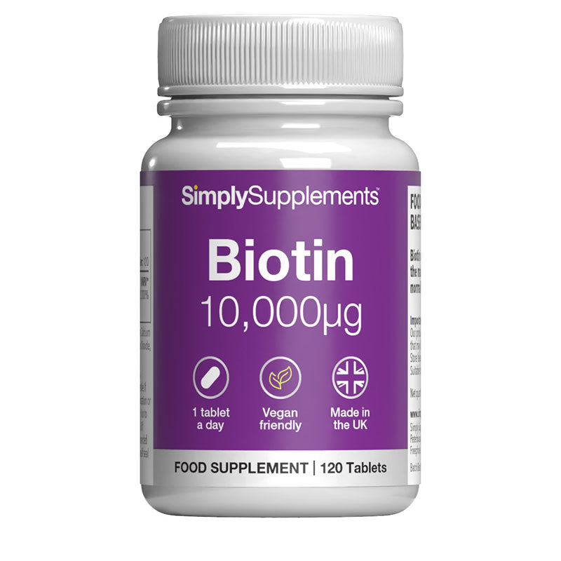 Bottle of SimplySupplements Biotin supplement on a white background