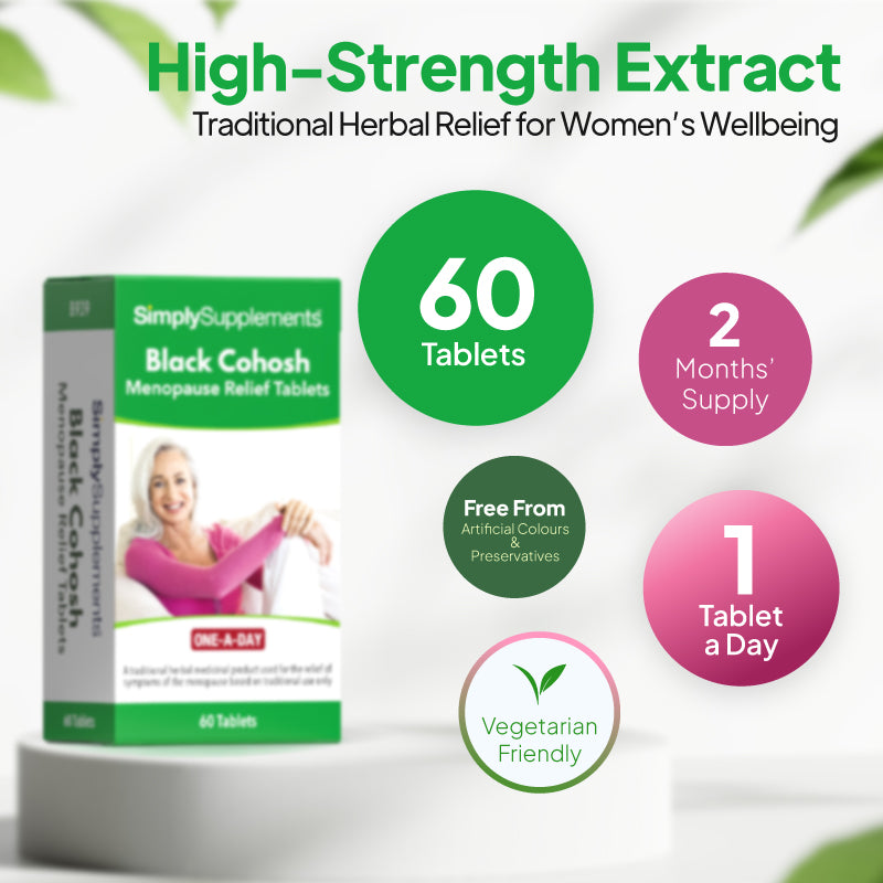 Product infographic for SimplySupplements Black Cohosh Menopause Relief Tablets, showing the box on a white pedestal against a light background with green and pink circular callouts under the heading “High-Strength Extract” and subheading “Traditional Herbal Relief for Women’s Wellbeing,” highlighting 60 tablets, 2 months’ supply, free from artificial colours and preservatives, vegetarian friendly, and 1 tablet a day