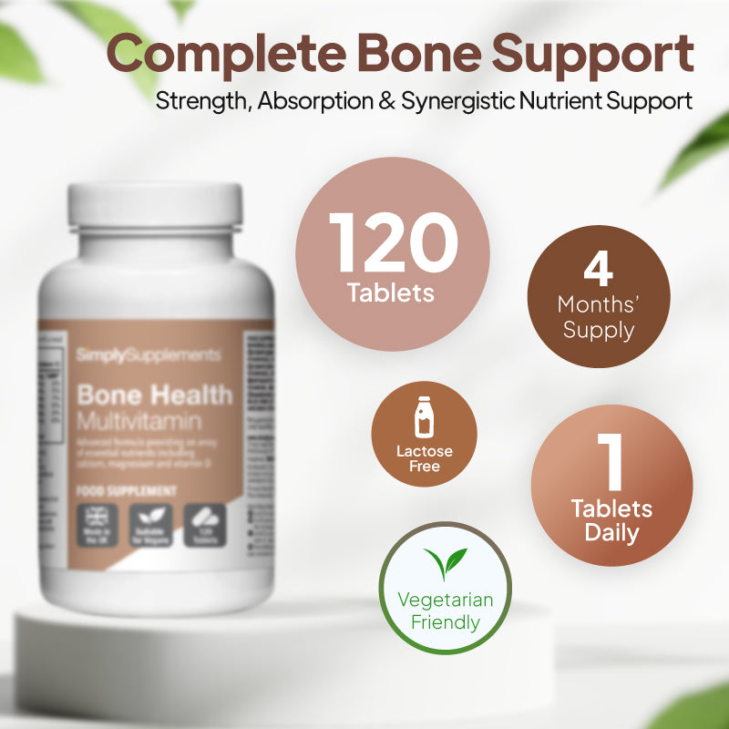 Product infographic for Simply Supplements Bone Health Multivitamin showing 120 tablets, a 4 months’ supply, lactose free, vegetarian friendly, and a suggested intake of 1 tablet daily.