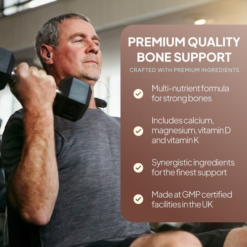 Lifestyle promotional graphic for Simply Supplements Bone Health Multivitamin showing a man lifting a dumbbell, with claims including multi-nutrient support for strong bones, calcium, magnesium, vitamin D and vitamin K, synergistic ingredients, and manufacture in GMP-certified UK facilities.