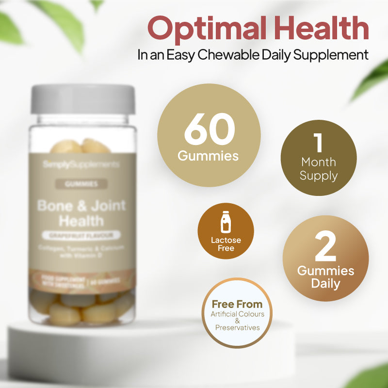 Bone and Joint Health gummies bottle image with 60 gummies, 1 month supply, lactose free, 2 gummies daily, and free from artificial colours and preservatives