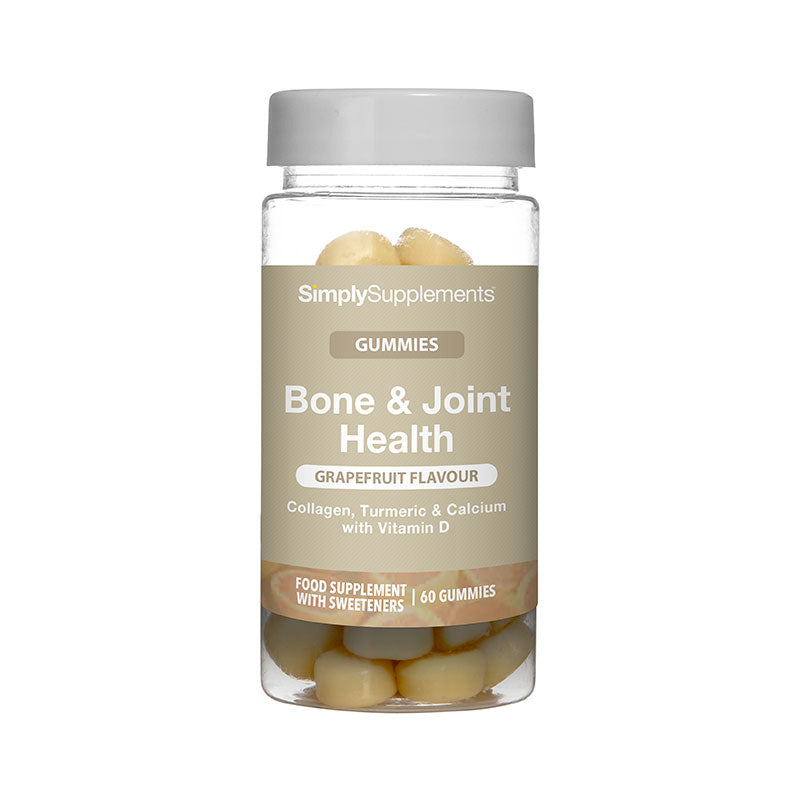 Simply Supplements Bone and Joint Health gummies food supplement with grapefruit flavour, collagen, turmeric, calcium, vitamins D and E, and 60 gummies