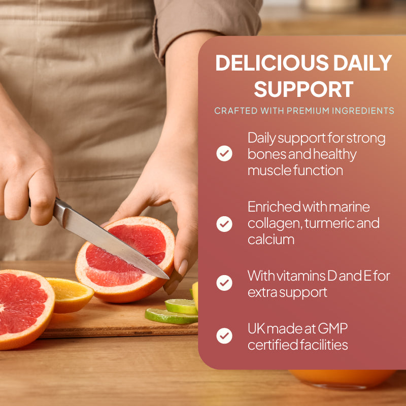 Simply Supplements Bone and Joint Health gummies claims about strong bones, healthy muscle function, marine collagen, turmeric, calcium, vitamins D and E, and UK GMP-certified production