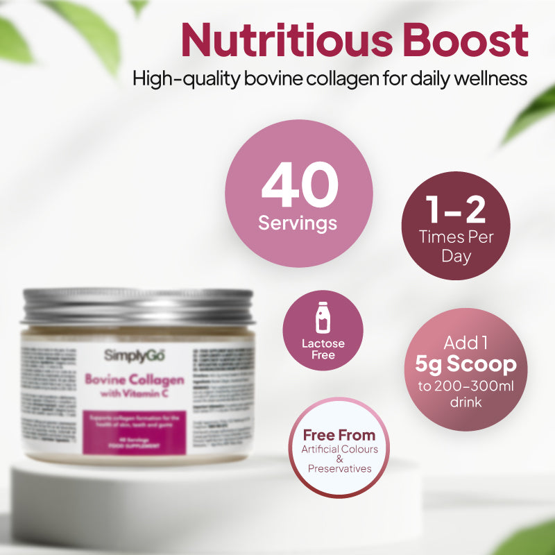 SimplyGo Bovine Collagen supplement graphic showing 40 servings, 1 to 2 times per day, lactose free formula, free from artificial colours and preservatives, and 1 scoop added to 200 to 300ml drink.