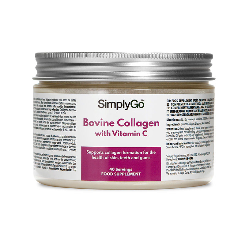 SimplyGo Bovine Collagen with Vitamin C supplement jar on a white background
