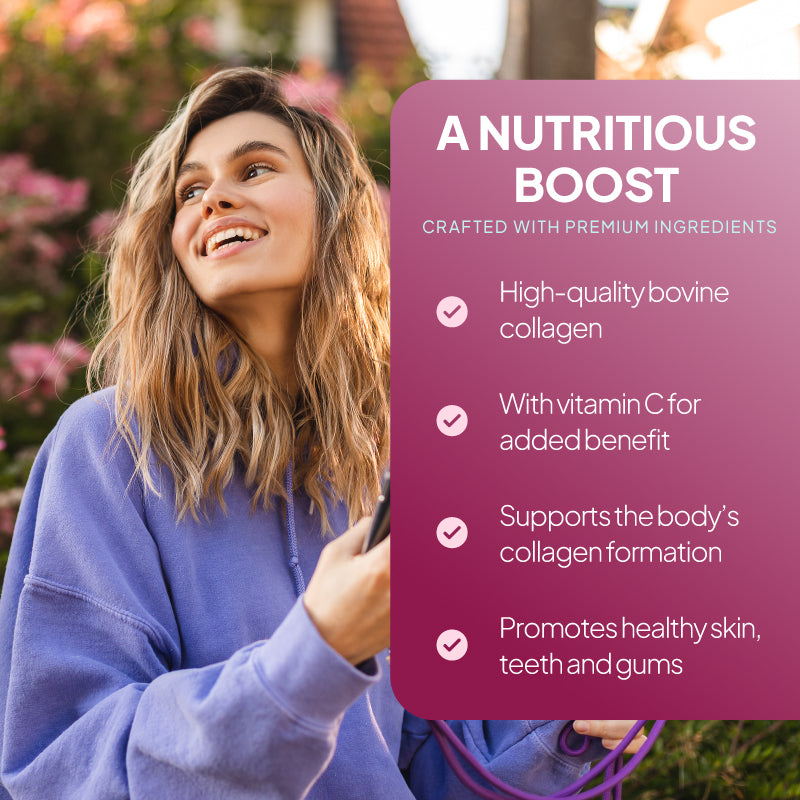 SimplyGo Bovine Collagen lifestyle graphic highlighting high-quality bovine collagen, added vitamin C, support for natural collagen formation, and healthy skin, teeth and gums.