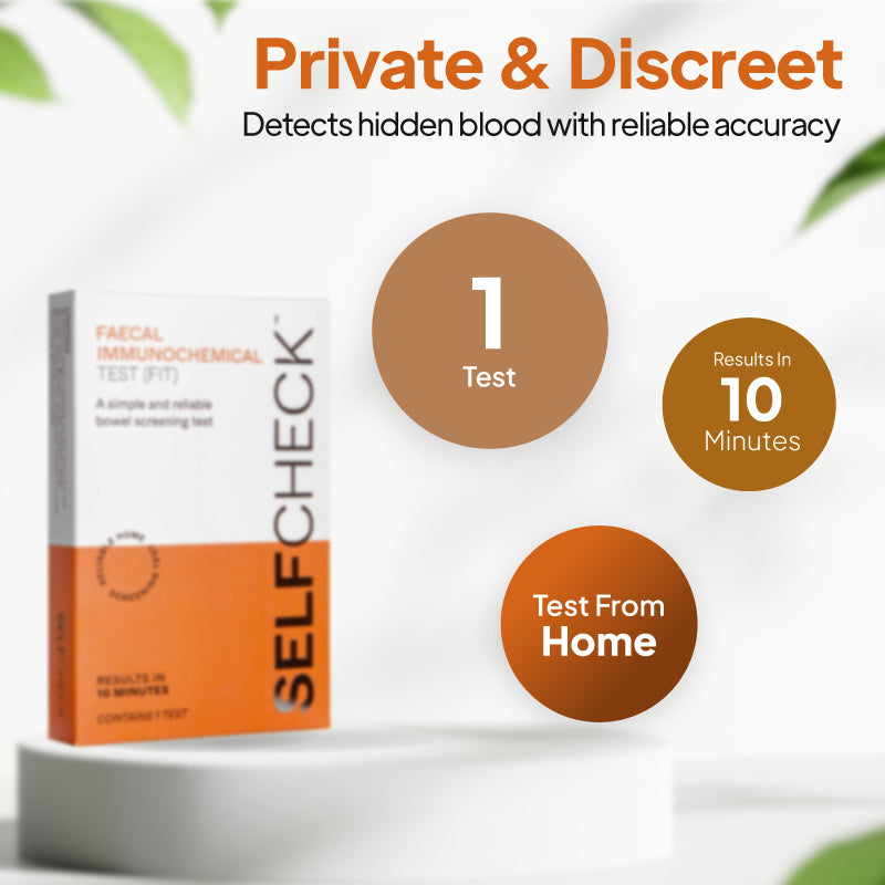 Product infographic for the SELFCheck Faecal Immunochemical Test, showing the test box on a white pedestal against a light background with orange and brown circular callouts under the heading “Private & Discreet” and subheading “Detects hidden blood with reliable accuracy,” highlighting 1 test, results in 10 minutes, and testing from home.