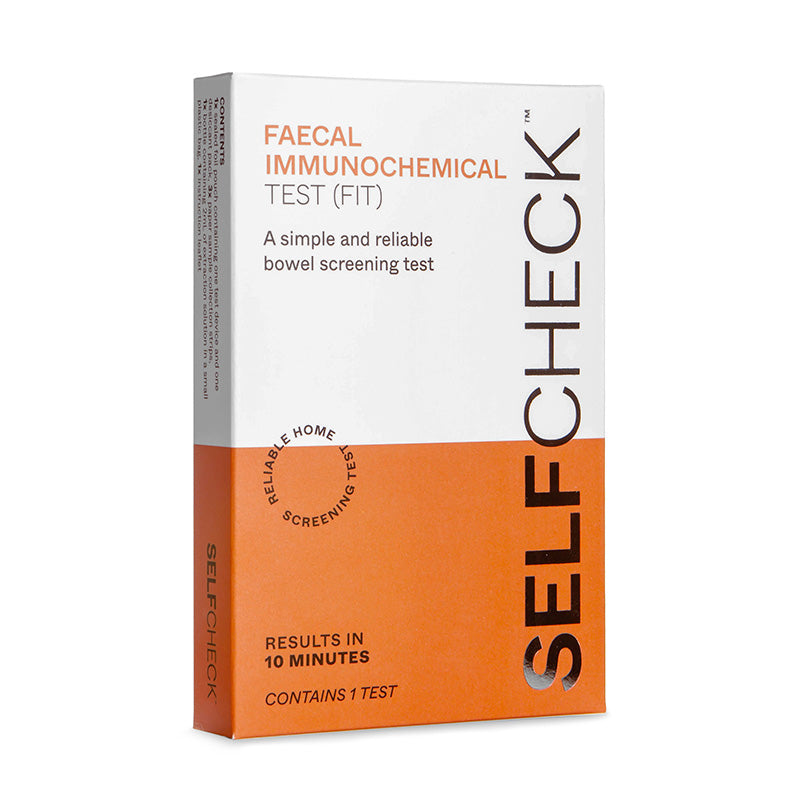 SELF CHECK faecal immunochemical test (FIT) packaging on a white background