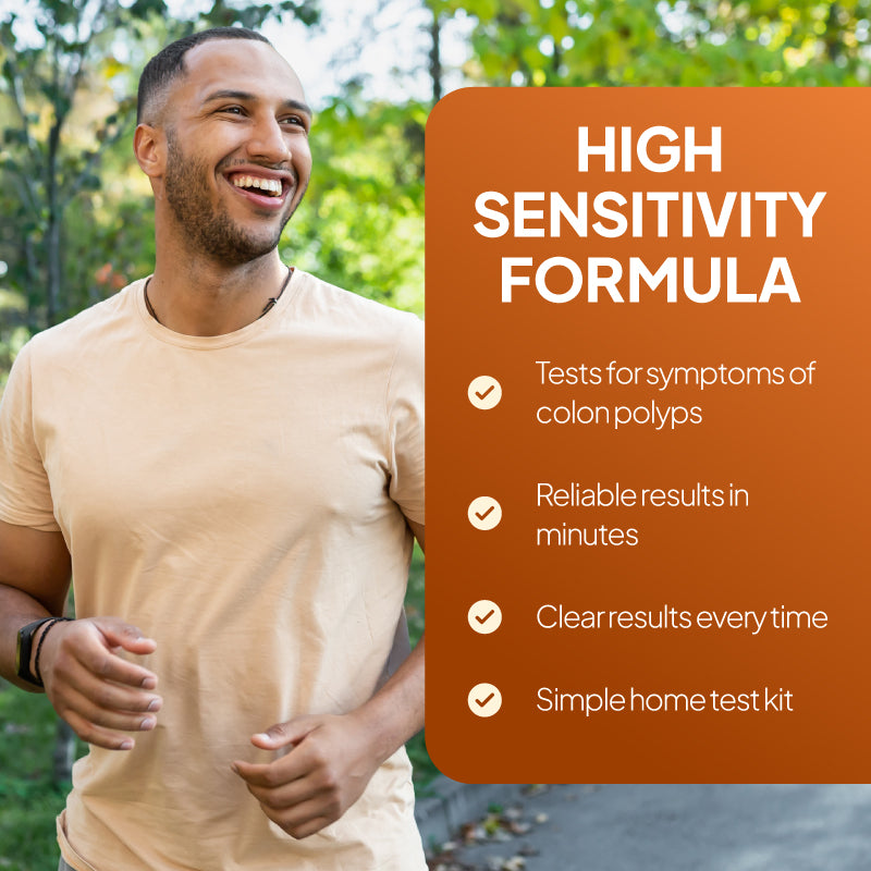 Lifestyle promotional graphic for the SELFCheck Faecal Immunochemical Test, showing a smiling man outdoors beside an orange text panel reading “High Sensitivity Formula,” with points highlighting testing for symptoms of colon polyps, reliable results in minutes, clear results every time, and simple home test kit use.