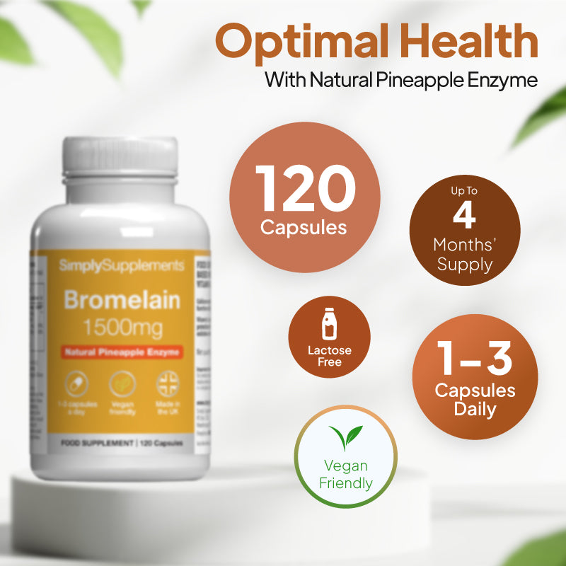 Simply Supplements Bromelain 1500mg supplement graphic showing 120 capsules, up to 4 months supply, 1 to 3 capsules daily, lactose free formula and vegan friendly profile.