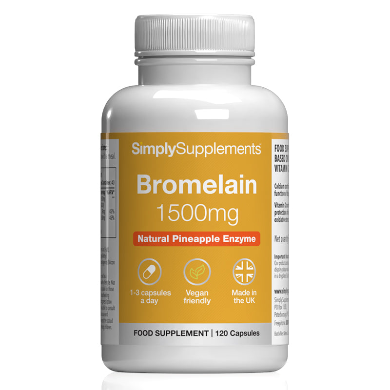 Simply Supplements Bromelain 1500mg supplement bottle front label showing natural pineapple enzyme, 1 to 3 capsules daily, vegan friendly formula and made in the UK.