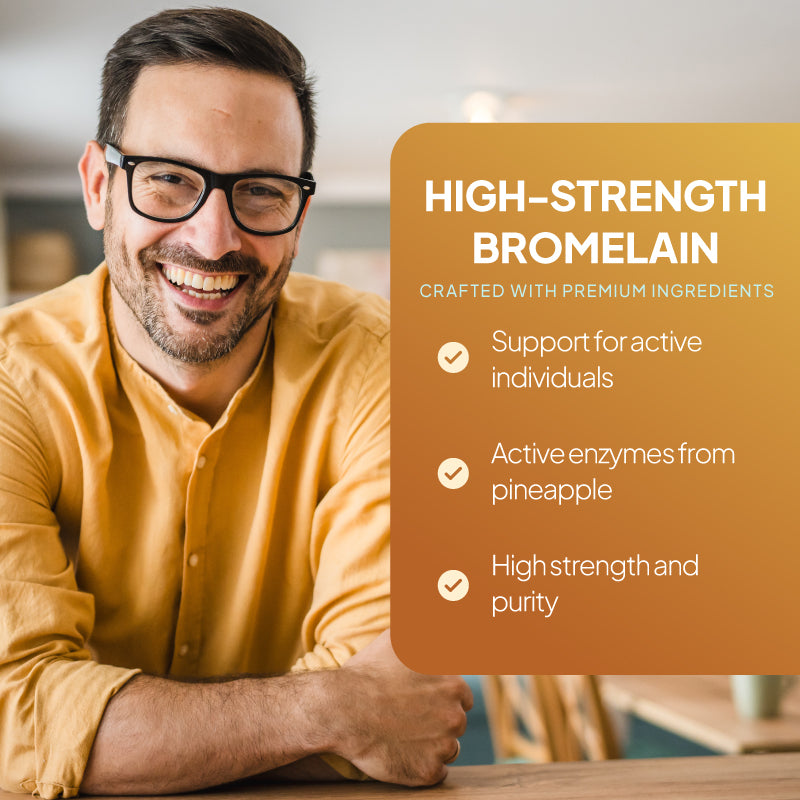 Simply Supplements Bromelain 1500mg lifestyle graphic highlighting high-strength bromelain, active pineapple enzymes, support for active individuals and high purity premium ingredient formula.
