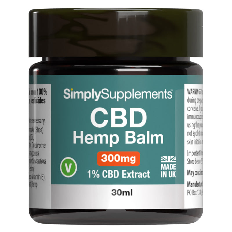 SimplySupplements CBD Hemp Balm jar with label on a white background