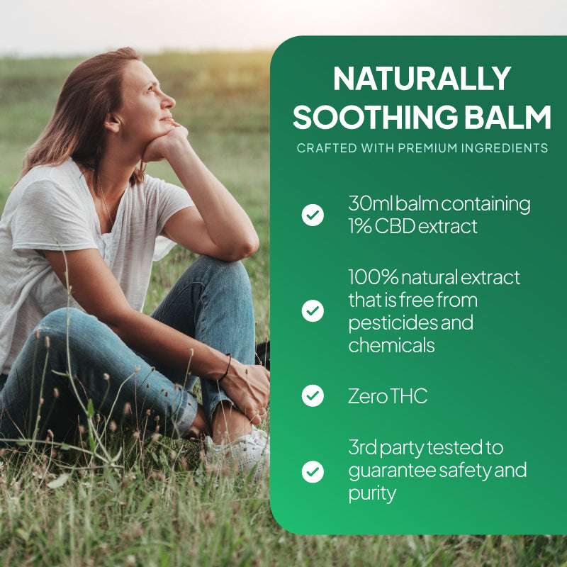 Lifestyle promotional graphic for Simply Supplements CBD Hemp Balm 300mg, showing a woman sitting outdoors beside text describing a naturally soothing 30ml balm with 1% CBD extract, free from pesticides and chemicals, zero THC, and third-party testing for safety and purity.
