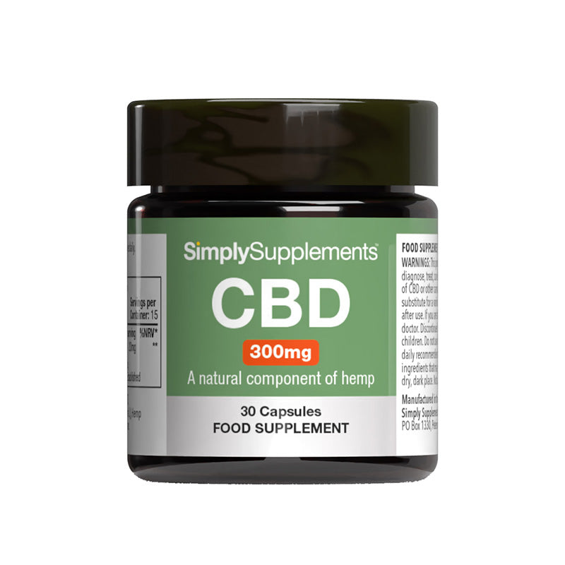 CBD supplement container with 'SimplySupplements' branding on a white background