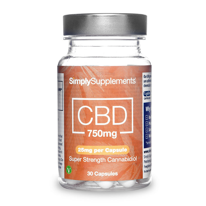 CBD supplement bottle with label on a white background