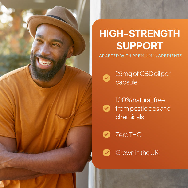 Lifestyle promotional graphic for Simply Supplements CBD 750mg Capsules showing a smiling man in an orange shirt and hat, with claims including 25mg of CBD oil per capsule, 100% natural ingredients, zero THC, and UK-grown hemp.