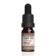 CBD oil dropper bottle with label on a white background