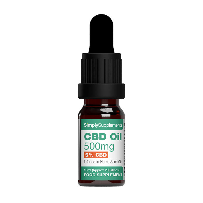 CBD oil dropper bottle with label on a white background