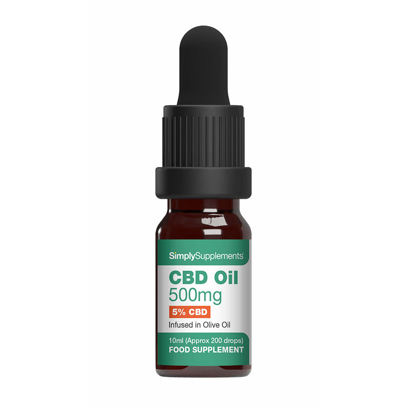 CBD oil dropper bottle with label on a white background