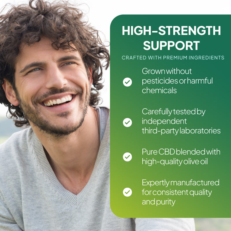 Simply Supplements CBD Oil 500mg lifestyle graphic highlighting premium ingredients, pesticide-free cultivation, third-party laboratory testing, olive oil blend and consistent purity.