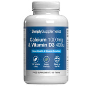 Supplement bottle labeled 'Simply Supplements Calcium 1000mg & Vitamin D3' on a white background
