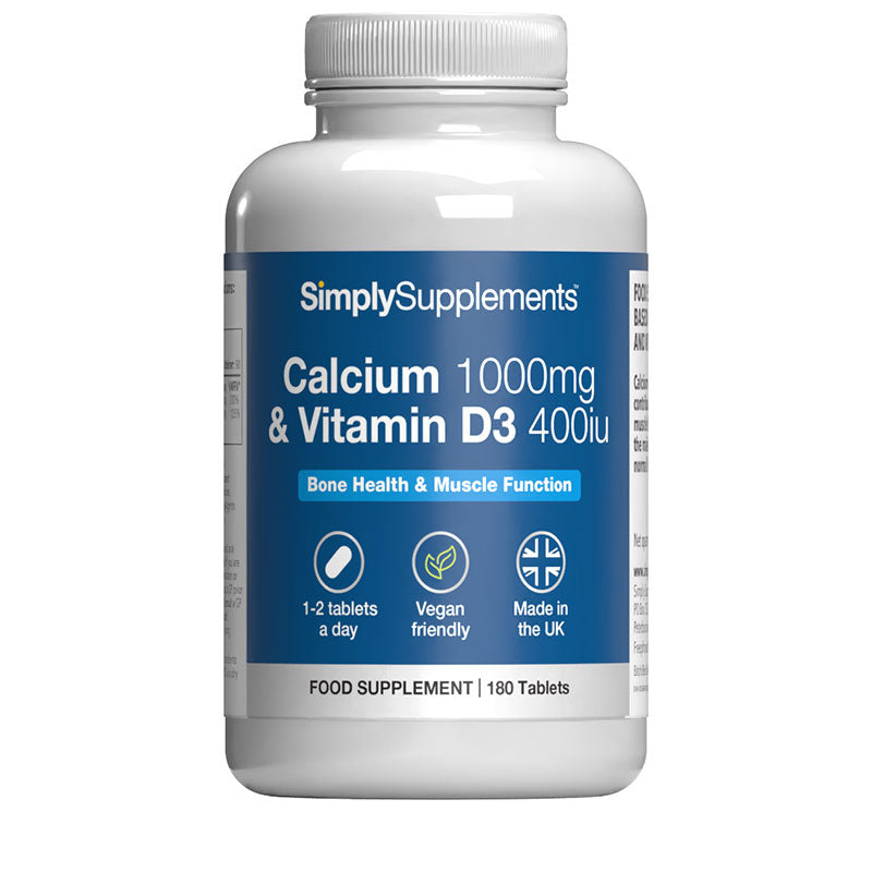 Supplement bottle labeled 'Simply Supplements Calcium 1000mg & Vitamin D3' on a white background