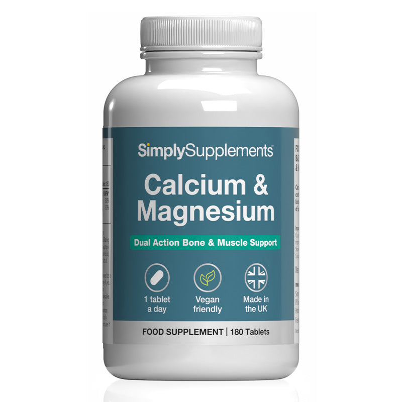 Supplement bottle labeled 'SimplySupplements Calcium & Magnesium' on a white background