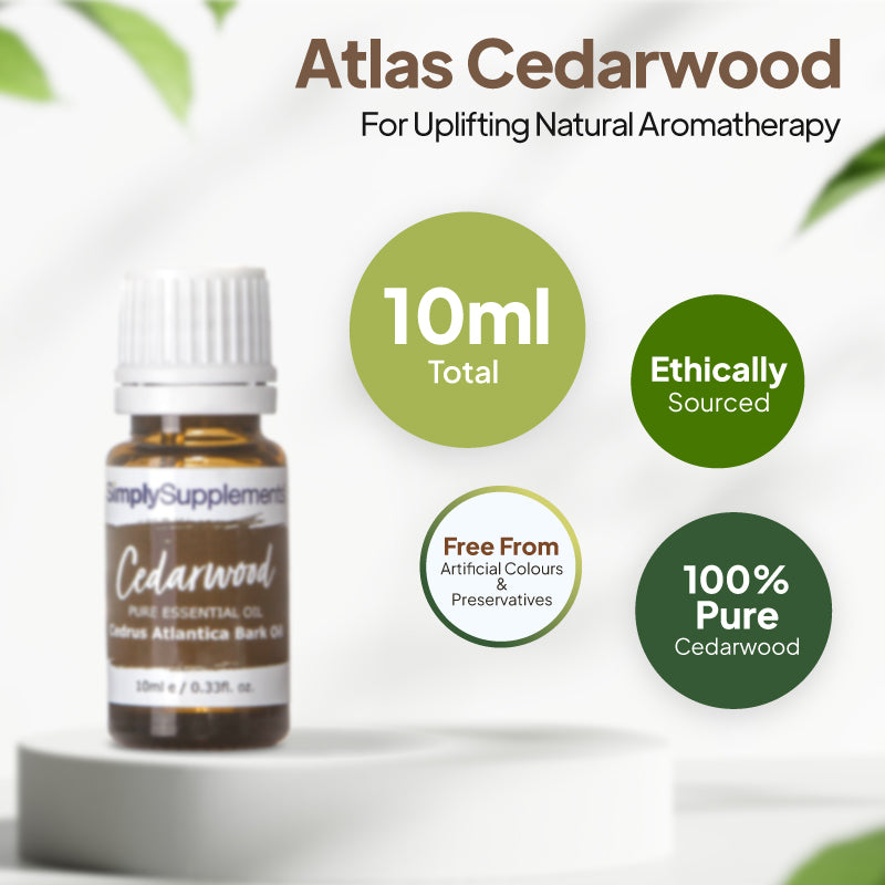 Simply Supplements Atlas Cedarwood essential oil graphic showing 10ml total, ethically sourced oil, 100 percent pure cedarwood and free from artificial colours and preservatives.
