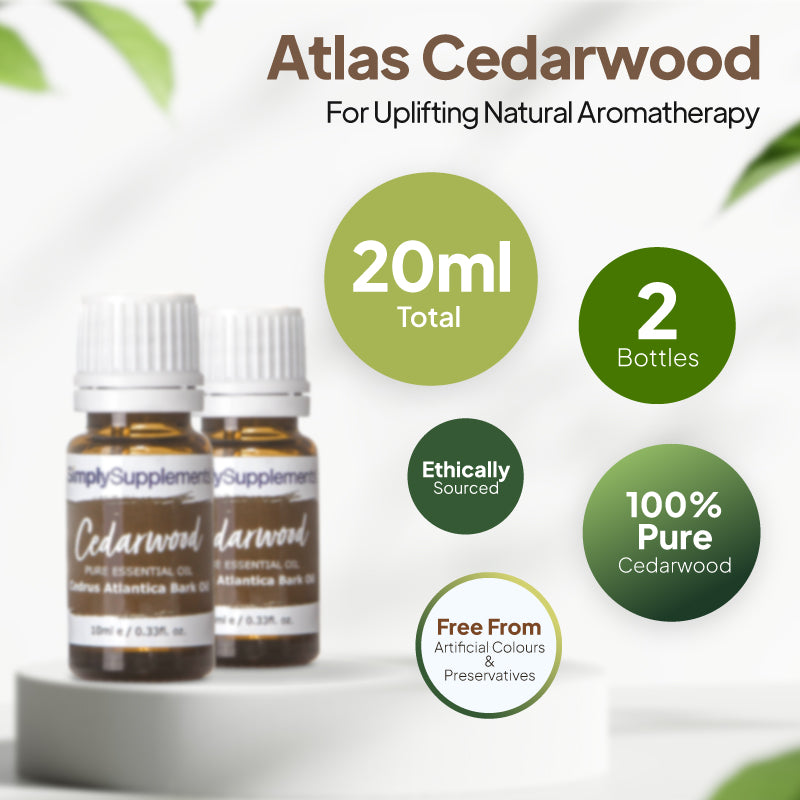 Simply Supplements Atlas Cedarwood essential oil graphic showing 20ml total, 2 bottles, ethically sourced oil, 100 percent pure cedarwood and free from artificial colours and preservatives.