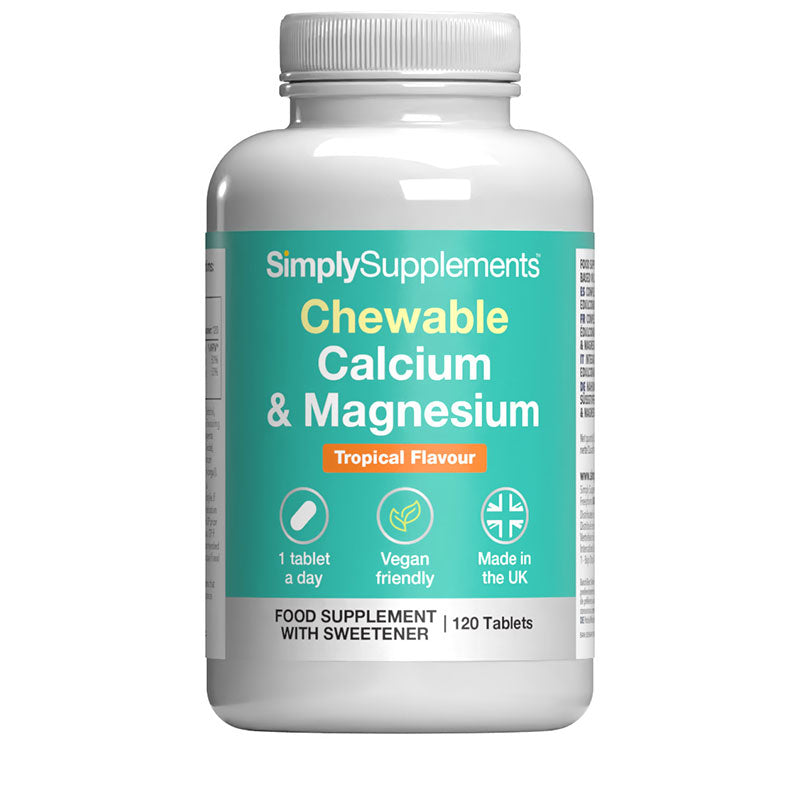 Simply Supplements' Chewable Calcium & Magnesium Tablets on a white background
