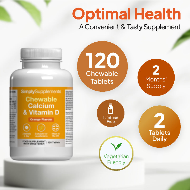 Simply Supplements Chewable Calcium & Vitamin D supplement with 120 chewable tablets, 2 months’ supply, 2 tablets daily, lactose free and vegetarian friendly.