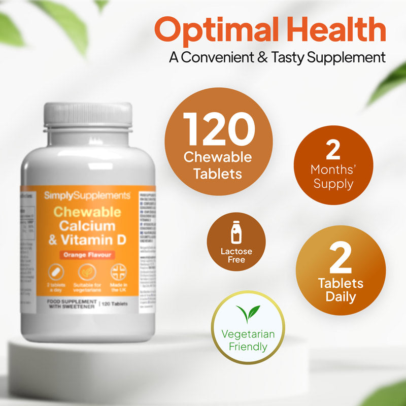 Simply Supplements Chewable Calcium & Vitamin D supplement with 120 chewable tablets, 2 months’ supply, 2 tablets daily, lactose free and vegetarian friendly.