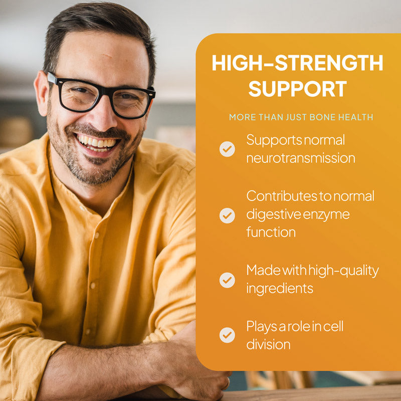 Simply Supplements calcium and vitamin D lifestyle graphic highlighting high-strength support, normal neurotransmission, digestive enzyme function, cell division and high-quality ingredients.