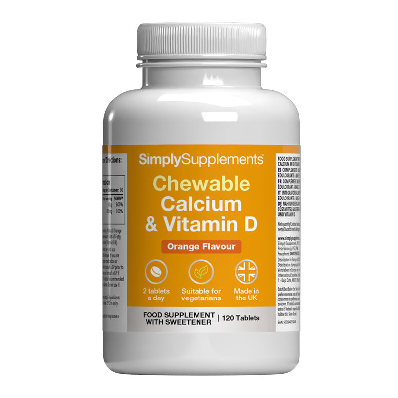 Simply Supplements Chewable Calcium & Vitamin D food supplement with sweetener, orange flavour, 120 tablets, suitable for vegetarians, made in the UK.