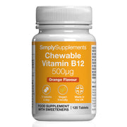 Bottle of SimplySupplements Chewable Vitamin B12 500μg on a white background