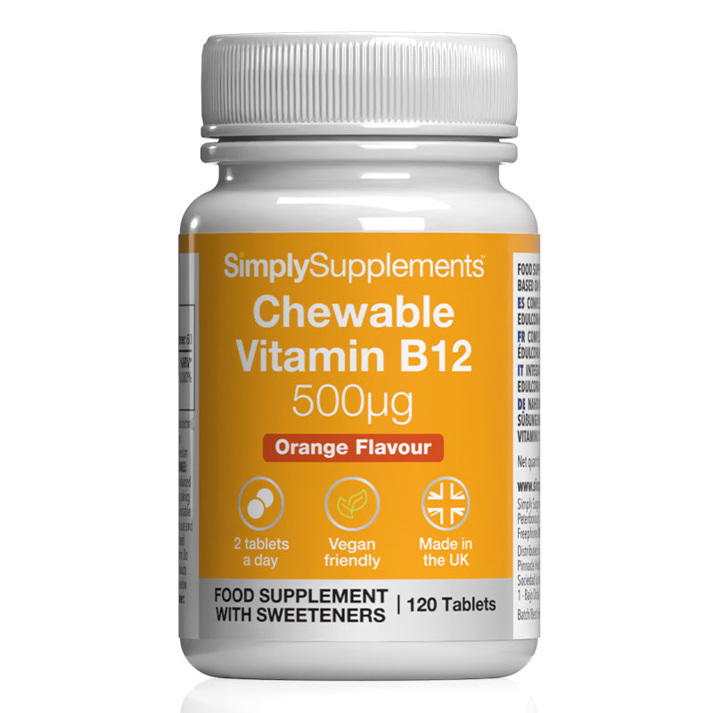 Bottle of SimplySupplements Chewable Vitamin B12 500μg on a white background