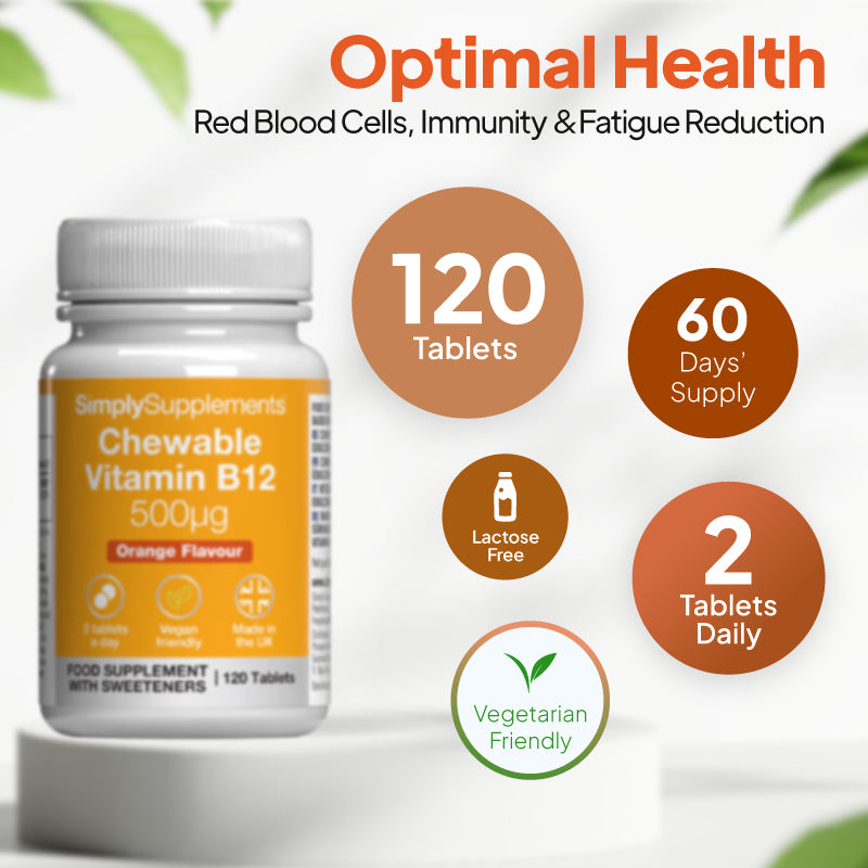 Product infographic for Simply Supplements Chewable Vitamin B12 500µg, orange flavour, showing 120 tablets, 60 days’ supply, lactose free, vegetarian friendly, and a recommended intake of 2 tablets daily.