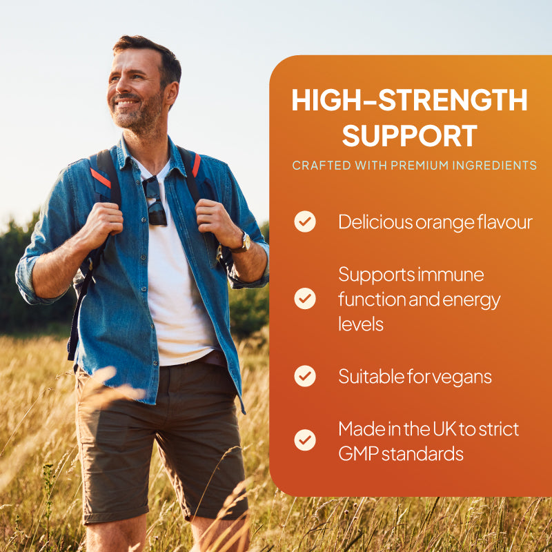 Lifestyle promotional graphic for Simply Supplements Chewable Vitamin B12 500µg, orange flavour, showing a smiling man outdoors with claims including delicious orange flavour, support for immune function and energy levels, suitability for vegans, and made in the UK to strict GMP standards.