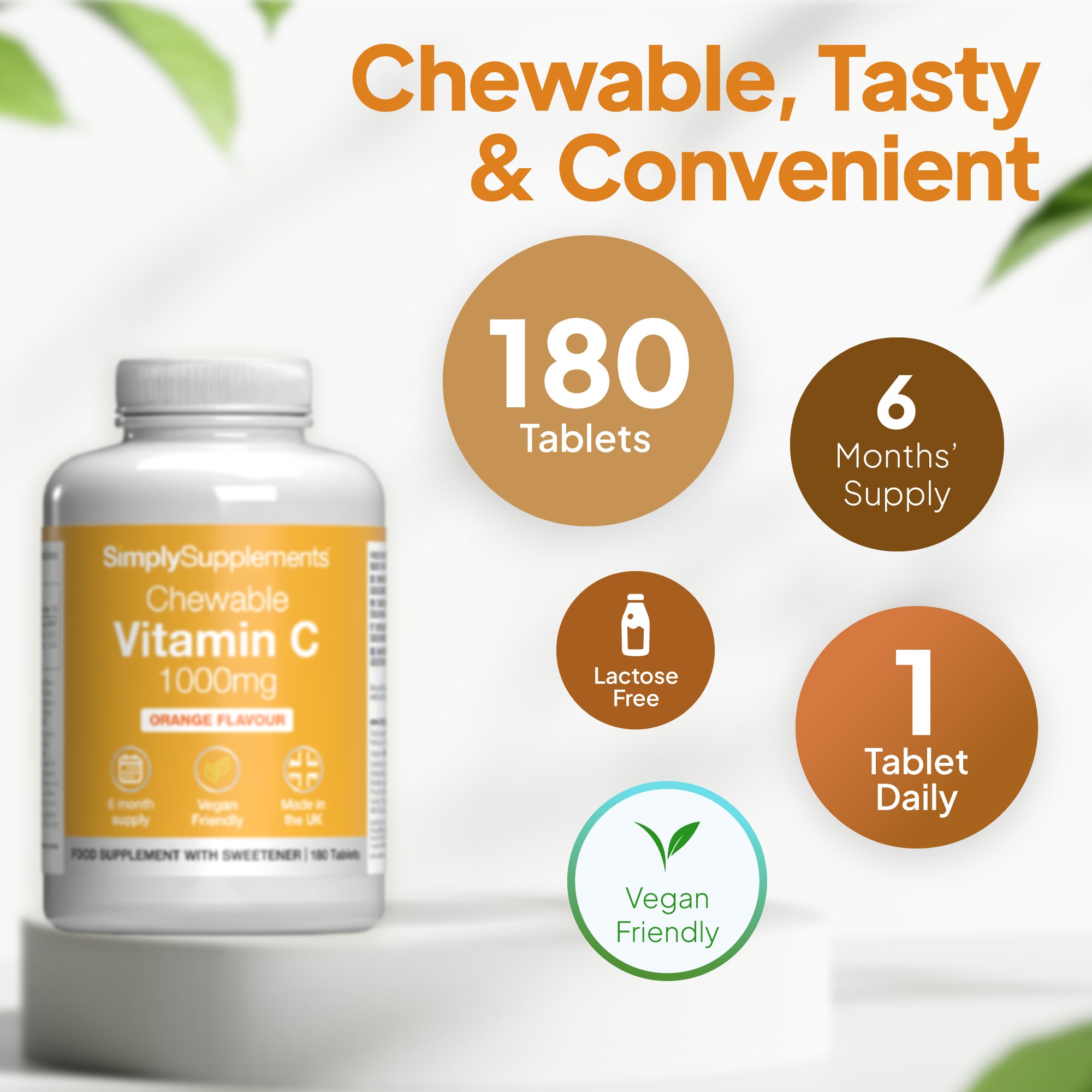 Simply Supplements Chewable Vitamin C Tablets 1,000mg Orange Flavour with 6 months' supply
