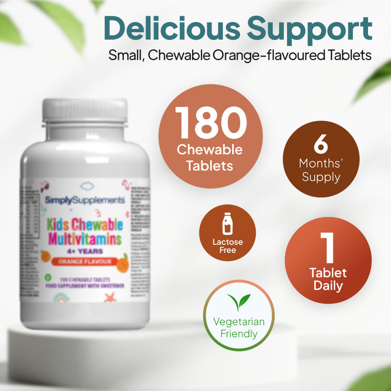 Product infographic for Simply Supplements Kids Chewable Multivitamins, orange flavour, for ages 4+ showing 180 chewable tablets, 6 months’ supply, 1 tablet daily, lactose free, and vegetarian friendly.