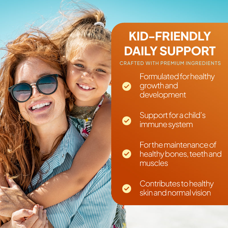 Lifestyle graphic for Simply Supplements Kids Chewable Multivitamins showing a smiling adult and child outdoors with claims including support for healthy growth and development, immune support, healthy bones, teeth and muscles, and support for healthy skin and normal vision.