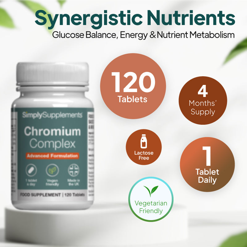 Product infographic for Simply Supplements Chromium Complex showing 120 tablets, a 4 months’ supply, lactose free, vegetarian friendly, and a suggested intake of 1 tablet daily.