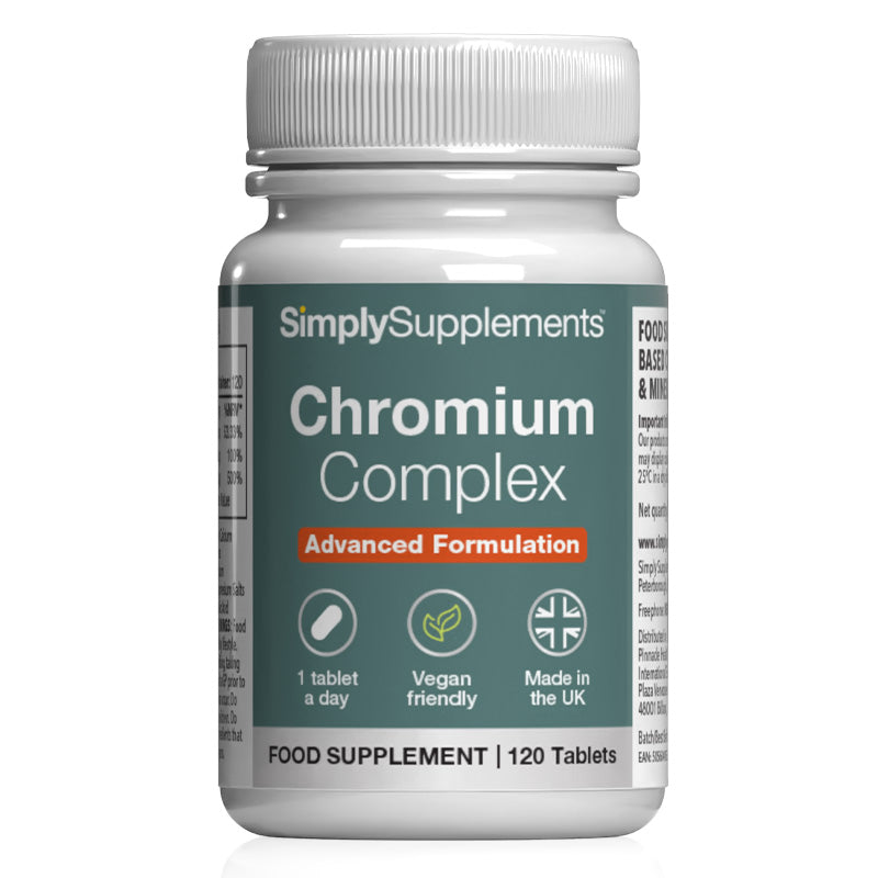 Supplement bottle labeled 'SimplySupplements Chromium Complex' on a white background
