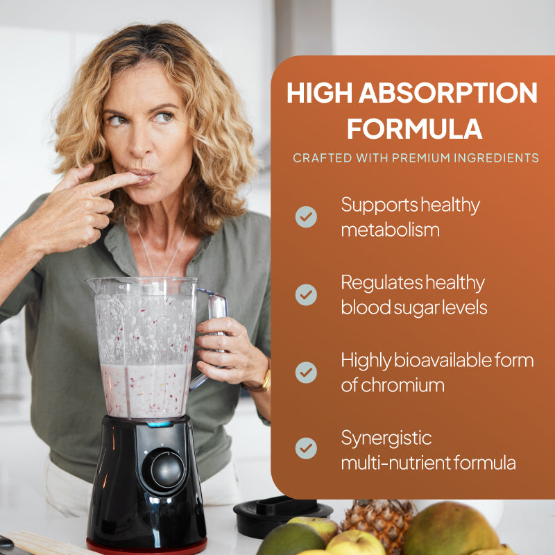 Lifestyle promotional graphic for Simply Supplements Chromium Complex showing a woman tasting a smoothie beside a blender, with text highlighting support for healthy metabolism, healthy blood sugar levels, a highly bioavailable form of chromium, and a synergistic multi-nutrient formula.