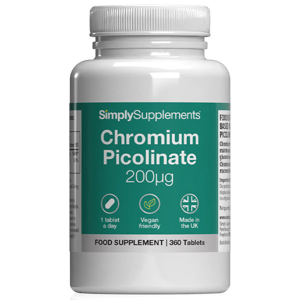 Supplement bottle labeled 'SimplySupplements Chromium Picolinate 200µg' on a white background