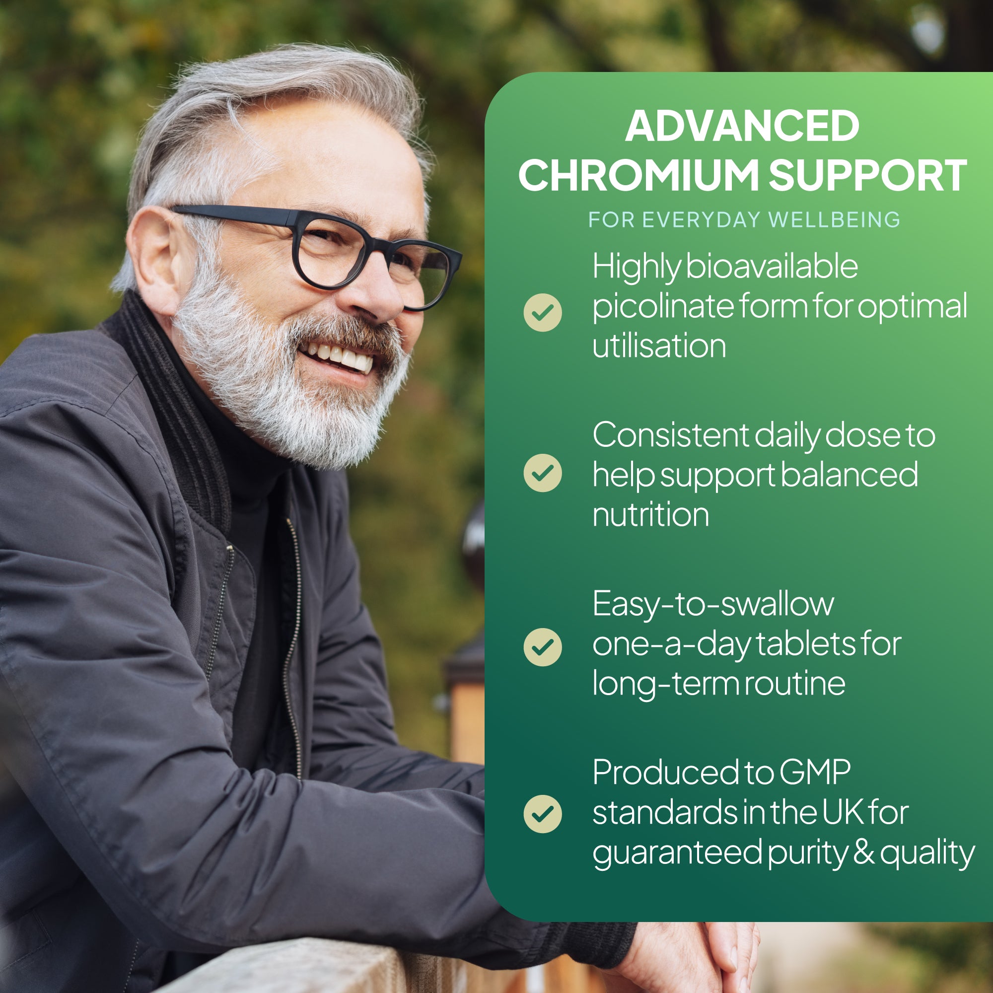 Lifestyle product graphic showing a woman cooking in a bright kitchen beside a green text panel promoting Simply Supplements Chromium 200µg, with claims about supporting normal blood sugar levels, contributing to normal macronutrient metabolism, using picolinate for bioavailability, and being made in the UK at GMP-approved facilities.