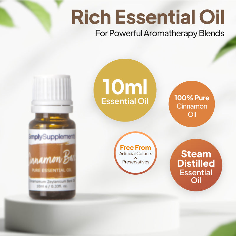 Simply Supplements Cinnamon Bark essential oil graphic showing 10ml total, 100 percent pure cinnamon oil, steam-distilled formula and free from artificial colours and preservatives.