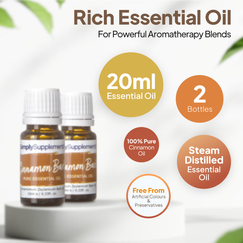 Simply Supplements Cinnamon Bark essential oil graphic showing 20ml total, 2 bottles, 100 percent pure cinnamon oil, steam-distilled formula and free from artificial colours and preservatives.