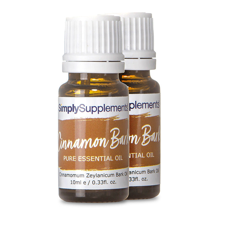 Two bottles of Simply Supplements Cinnamon Bark essential oil on a white background